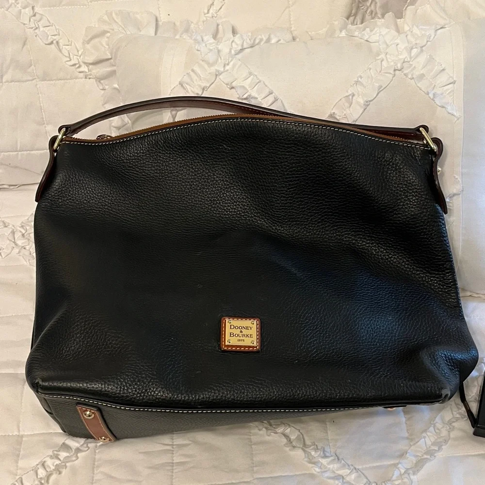 Dooney & Bourke Black Pebble Leather Shoulder Bag with Tan Trim